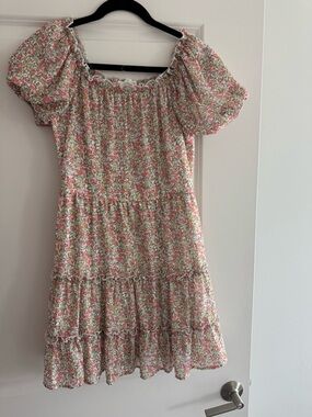 Peach Love California Pink and Green Floral Puff-Sleeve Sundress